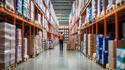 A lone worker walks down a warehouse aisle with shelves of stacked boxes.