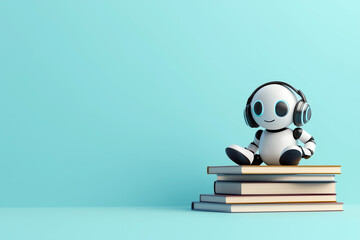 Robot with Headphones Sitting on Books, Blue Background
