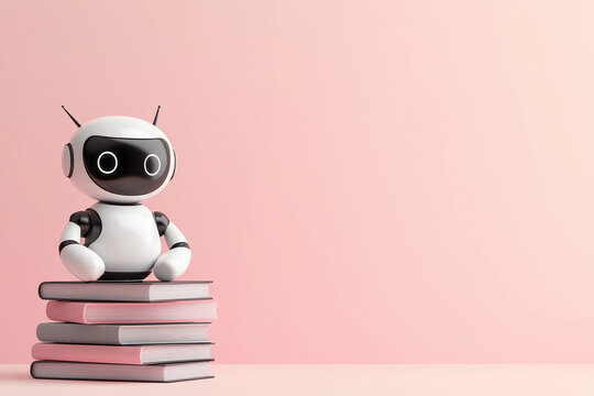 A cute robot sitting on a stack of books with a pink background