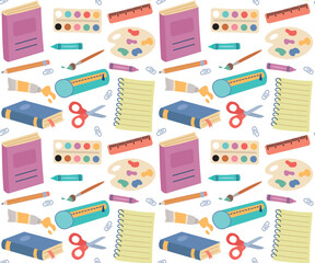 Seamless pattern with  school supplies. Vector cartoon background in flat style.	