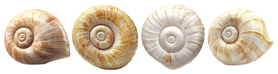 Four Snail Shells with Spirals and Different Shapes