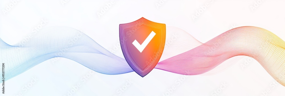Poster Colorful shield with checkmark symbol on white background. Represents digital security and verification.