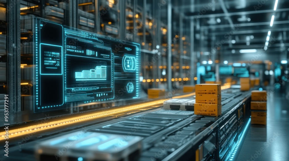 Poster automated warehouse with conveyor belt and holographic display