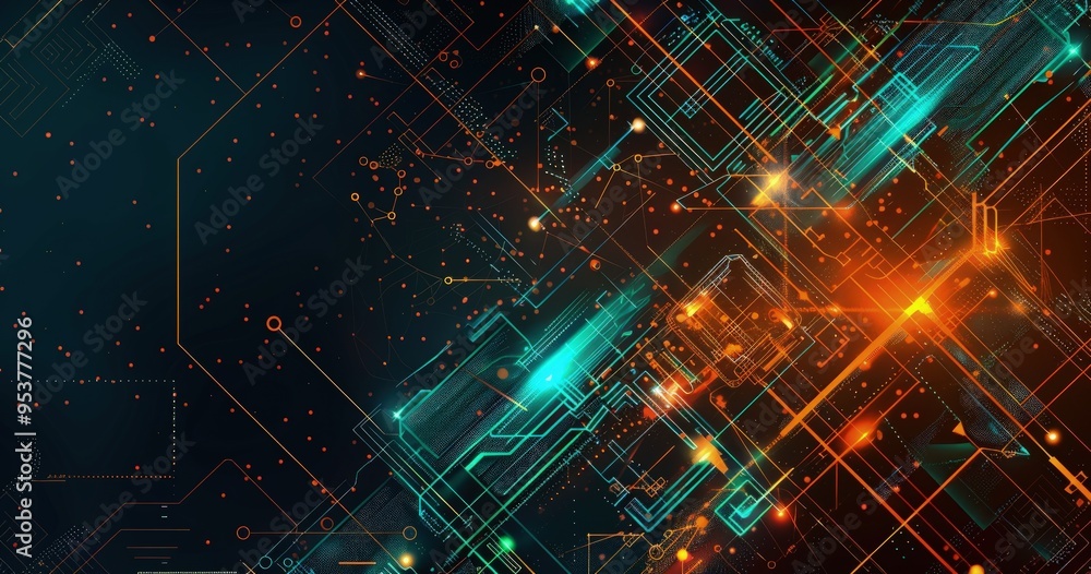Poster a vibrant abstract digital design featuring glowing lines and nodes, representing technology and con