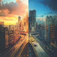 Traffic lights illuminate the urban skyline as cars navigate the bustling city streets at night