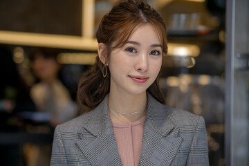 Fototapeta premium Woman in blazer smiling. Businesswoman in a grey blazer and pink shirt, smiling. Modern professional look with a confident attitude.