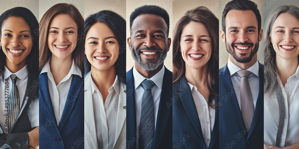 Aufkleber A diverse group of smiling business professionals gathers in a modern corporate space, showcasing collaboration and unity in a dynamic work environment that inspires innovation and teamwork