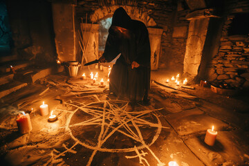 Satanic Ritual with Hooded Warlock on Pentacle Summoning Demonic Forces with Candles for Occult Fantasy Stories