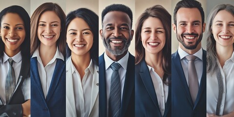 Fototapeta premium A diverse group of smiling business professionals gathers in a modern corporate space, showcasing collaboration and unity in a dynamic work environment that inspires innovation and teamwork