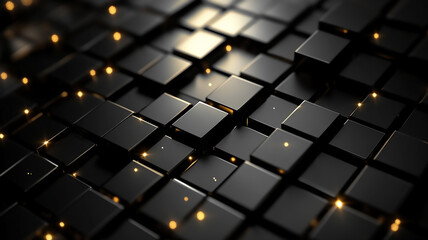 abstract black and gold background with glowing cubes. 3d render illustration
