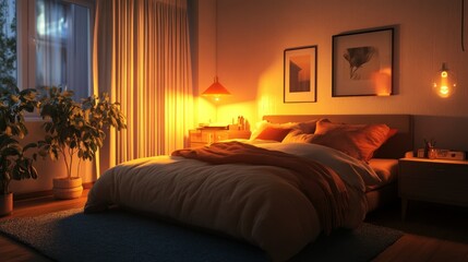 Cozy Bedroom with Warm Lighting and a View