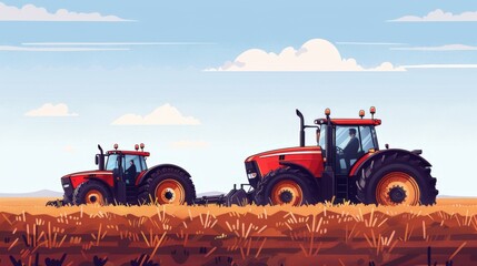 Fototapeta premium Autonomous tractors, sustainable farming machinery, flat design illustration