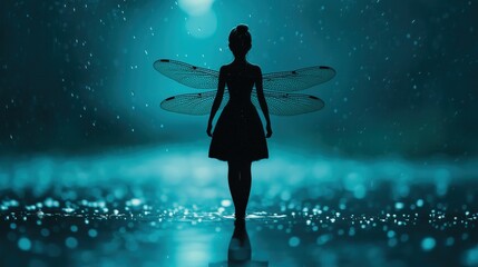 A mystical silhouette of a fairy in a vibrant blue atmosphere, capturing the essence of magic and fantasy.