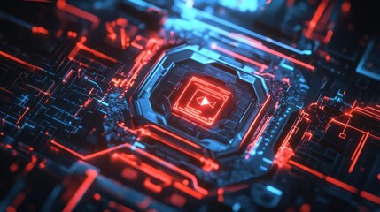 Glowing Red and Blue Circuit Board with Play Symbol