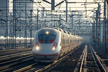 Fototapeta premium Electric modern speed passanger train on railway tracks speeding through urban landscape.