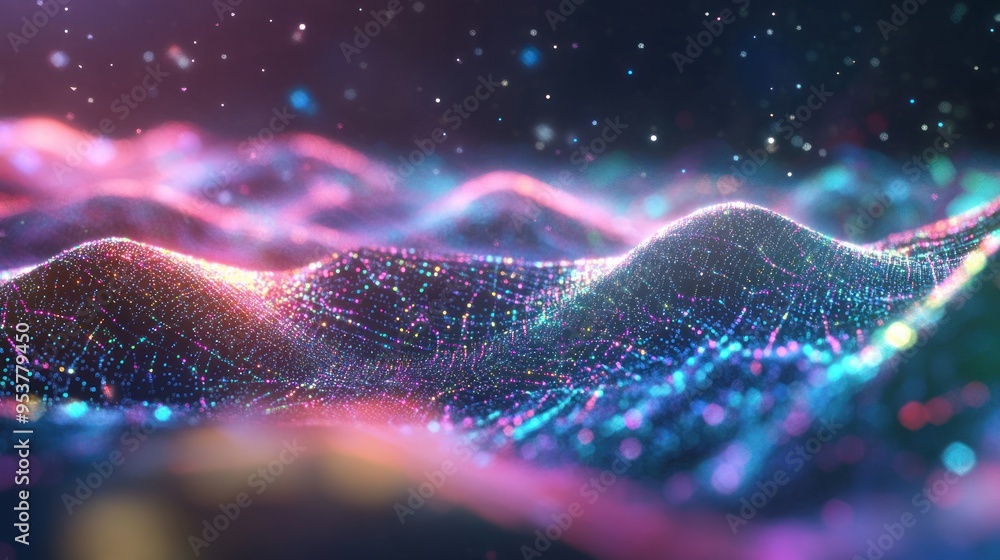 Poster abstract colorful glittering landscape with depth and movement