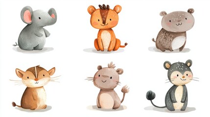 Obraz premium Six charming hand-drawn animals by a 3-year-old, isolated on a white background. The illustrations are filled with innocence and creativity, ideal for children's media.