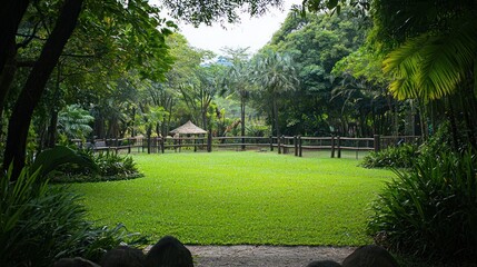 A lush, green zoo background with various animal enclosures visible in the distance.