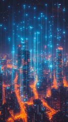 Obraz premium A futuristic cityscape showcasing glowing lights and digital effects, representing technological advancement and innovation.