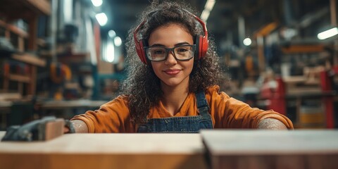 Skilled Female Carpenter Working Precisely with Power Tools