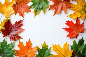 Fototapeta premium Autumn Maple Leaves Flat Lay White Background created with Generative AI