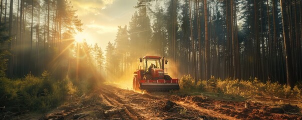 A harvester machine working in a misty forest, clearing land with sunlight filtering through the trees.