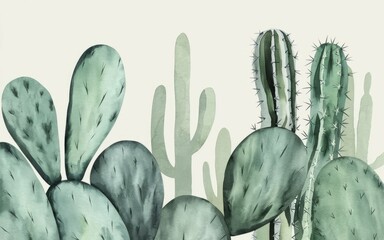 Cactus watercolor illustration. Green cactus watercolor painting, showcasing a variety of cactus shapes and sizes. Ideal for nature-themed designs.