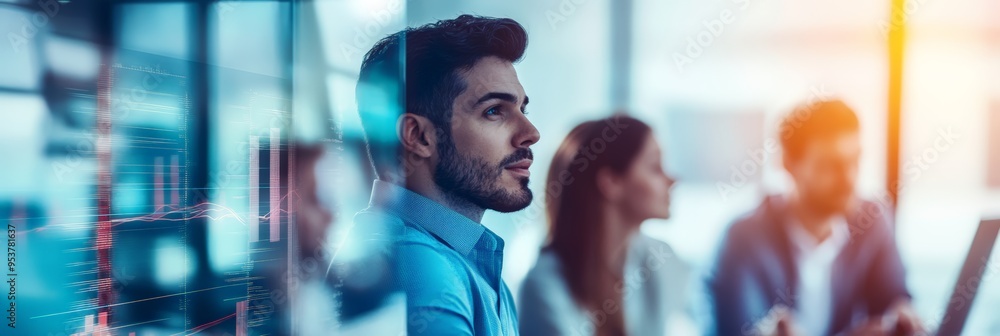 Aufkleber Focused businessman analyzing data on a screen with graphs and statistics. Modern business analysis and technology concept.