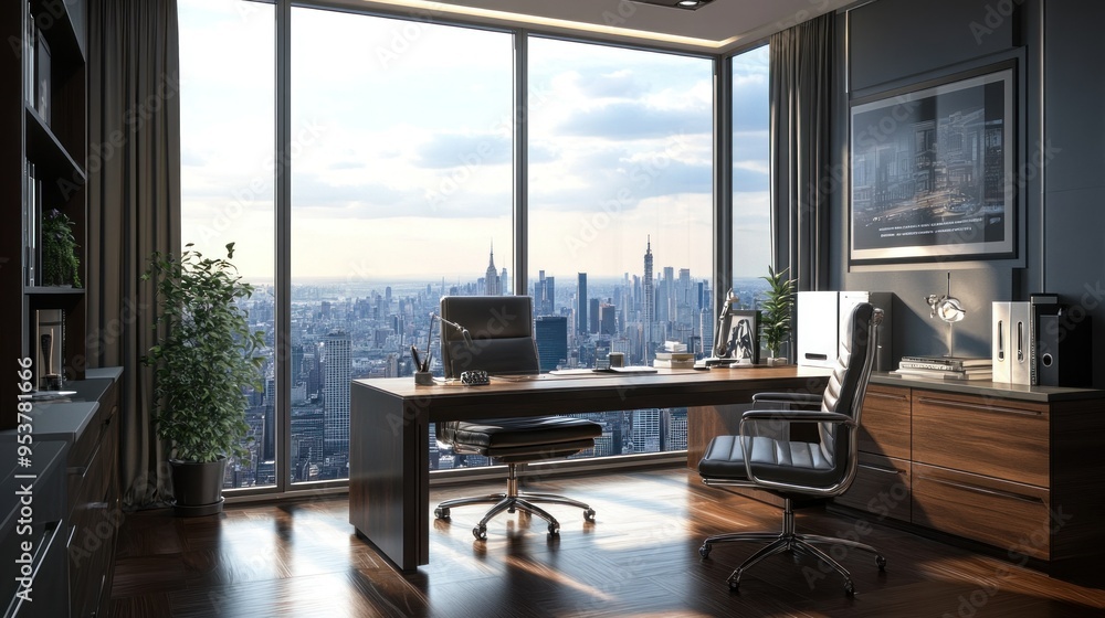 Wall mural modern office with city view and wooden desk