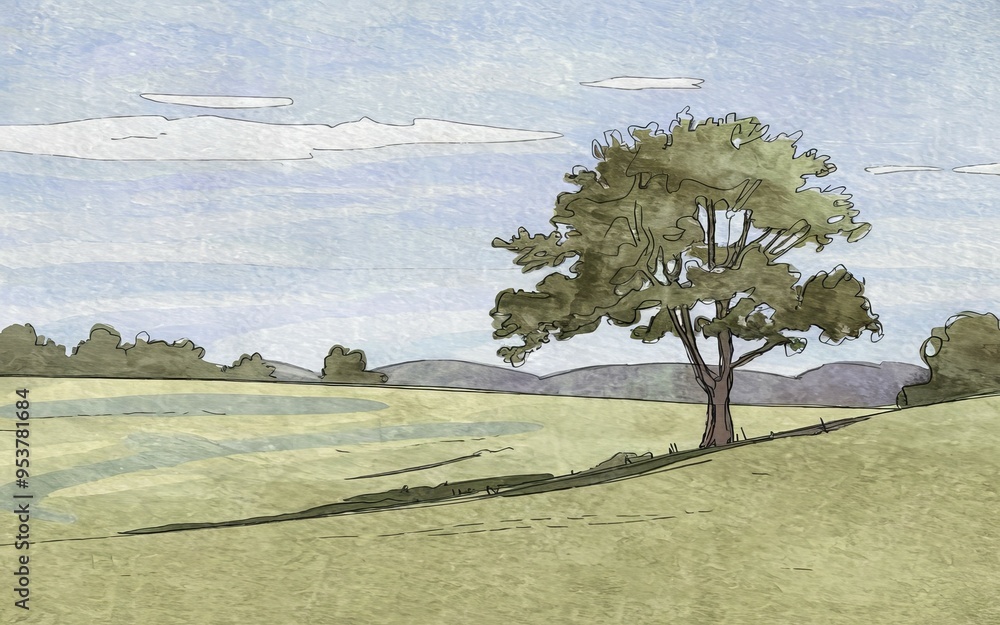Poster tree in meadow. single tree stands in a vast meadow with rolling hills in the distance, symbolizing 