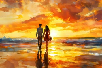 A couple holding hands, walking along the beach during sunset. The sky is ablaze with vibrant colors, reflecting beautifully on the water.