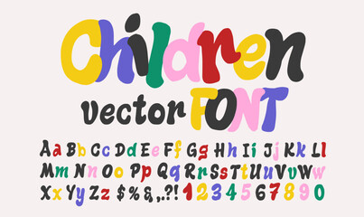 Kids font, color typeface, cartoon game english alphabet, funny cute type. Kids education vector typography, letters and numbers. Vector funky bold font of children abc characters. Bright signs.