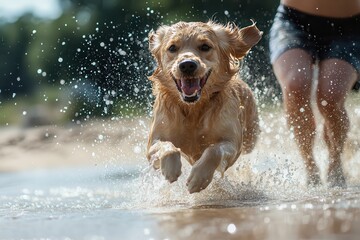 Golden retriever joyfully running through water on a sunny day, accompanied by a human. Perfect capture of fun and companionship at the beach.