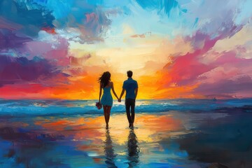 Fototapeta premium Romantic couple holding hands, walking on a beach at sunset with colorful sky and reflections in the water.