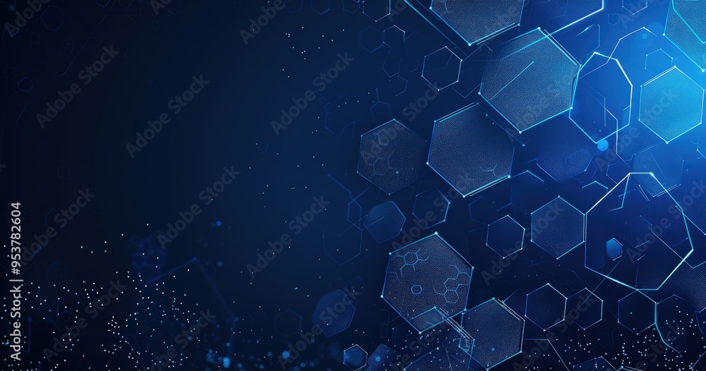 Poster a digital abstract background featuring hexagonal shapes and a blue gradient, suitable for tech or s