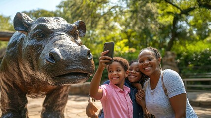Fototapeta premium A family taking a selfie in front of a zooâ€™s large animal statue, capturing their fun day out.