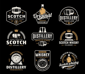 Vector white and gold vintage scotch whisky logo isolated on a black background for distillery, bar, pub branding, design and identity