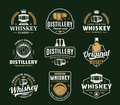 Vector white and gold vintage whiskey logo isolated on a dark green background for distillery, bar, pub branding, design and identity