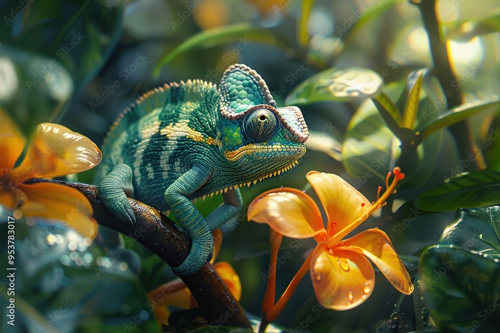 Sticker chameleon in tropical paradise