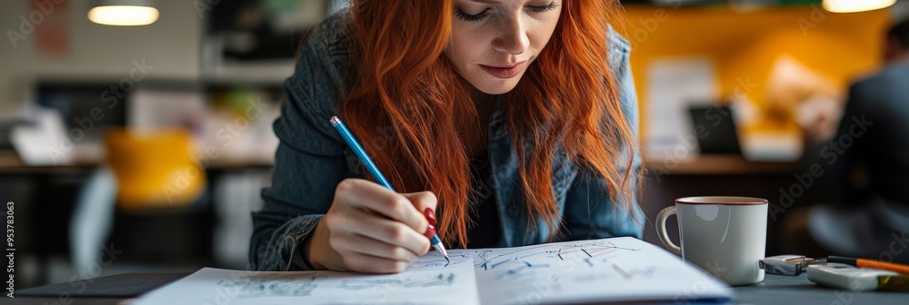 Poster red-haired woman sketching ideas in a notebook with a coffee mug nearby. creative work process in a 