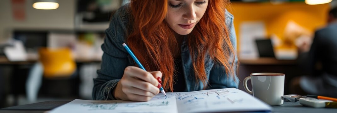 Red-haired woman sketching ideas in a notebook with a coffee mug nearby. Creative work process in a casual office.