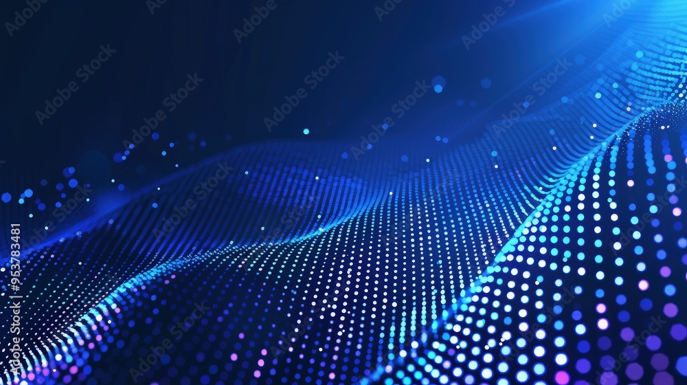 Poster a vibrant abstract representation of digital waves with glowing dots, illustrating technology and da