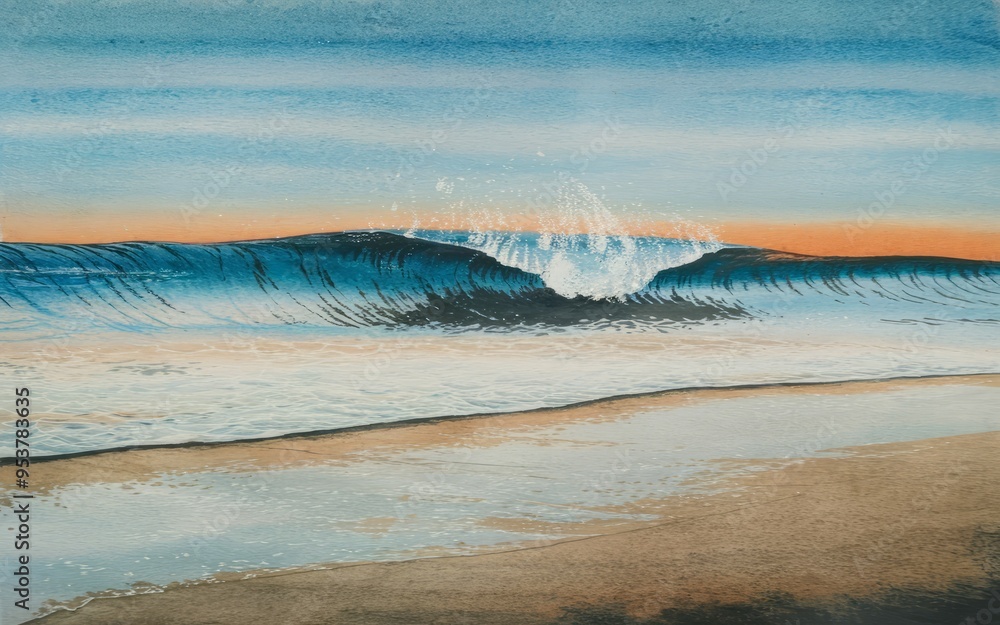 Poster ocean wave crashing. a large wave crashes on the shore, creating a spray of whitewater. the colors o