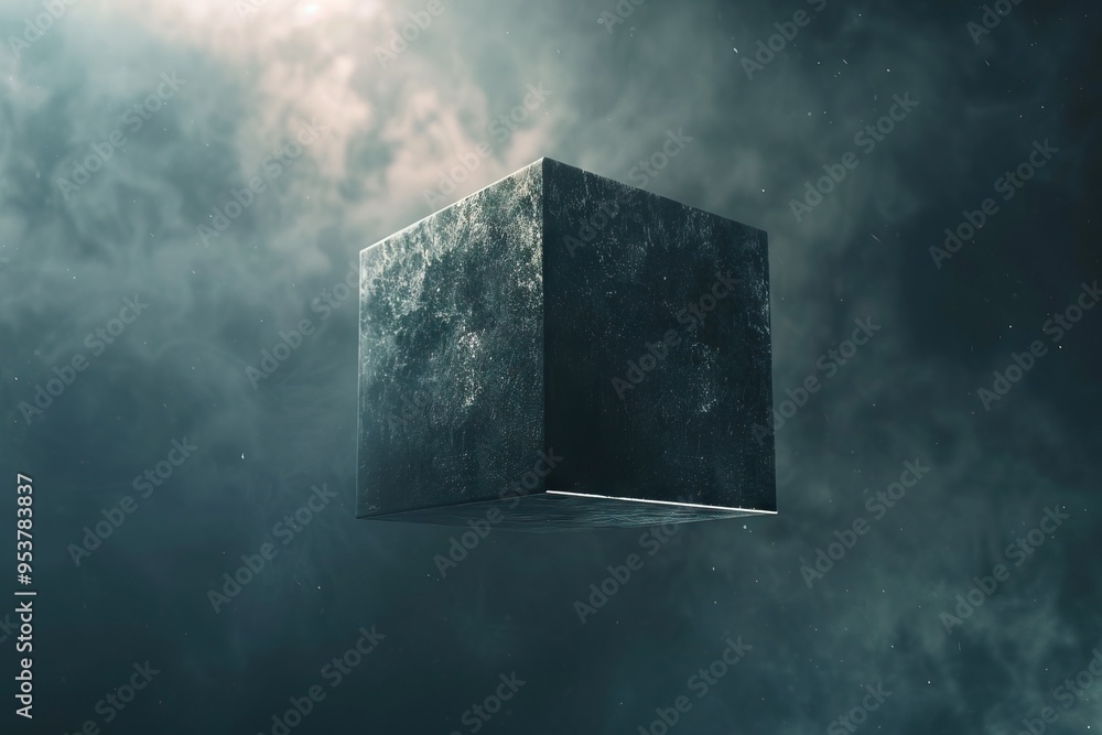 Poster futuristic flying cube in abstract 3d space.