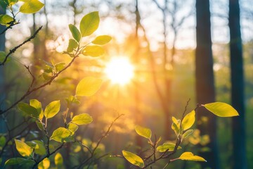 Obraz premium Springtime forest with setting sun shining through leaves and branches. Nature, forestry, habitat, environment and sustainability concepts with generative ai
