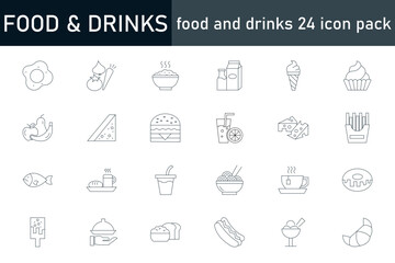 Collection of 24 food & drinks line icons. These design elements are suitable for your projects and are provided as vector illustrations.