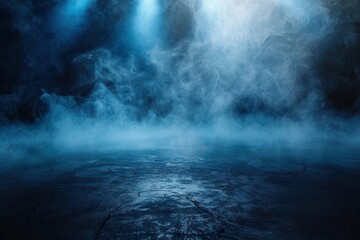 Abstract technology studio with dark blue floor and smoke texture.