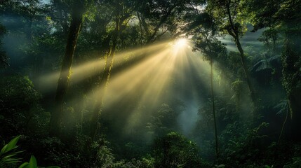 Obraz premium Dark rainforest, sun rays through the trees, rich jungle greenery 