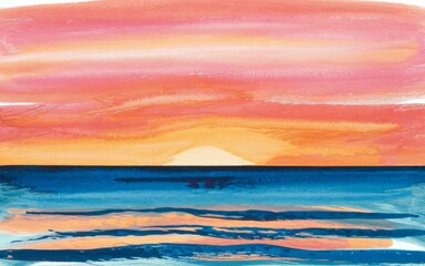 Obraz premium Sunset seascape. Watercolor painting of a vibrant sunset over a calm ocean, with colors of pink, orange, and blue.