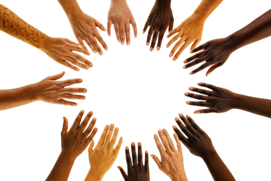 Diverse hands forming a circle isolated on transparent background